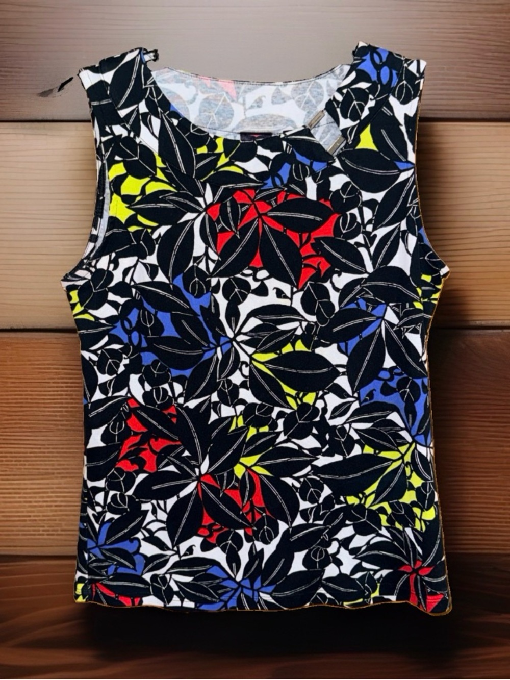 Rafaella White Floral Tank with Red, Blue, Yellow, & Black Accents-L-EC